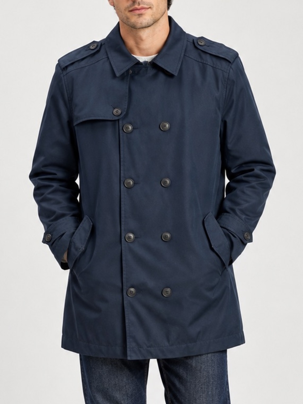 Topman Men’s XL Navy Double Breasted Short Trench Car Coat w/Belt
